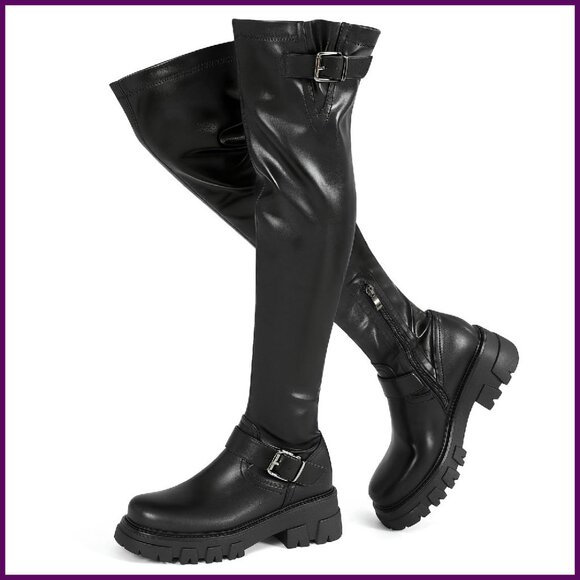 Women's Over The Knee Boots Platform Buckle Lug Sole Stretch Zipper